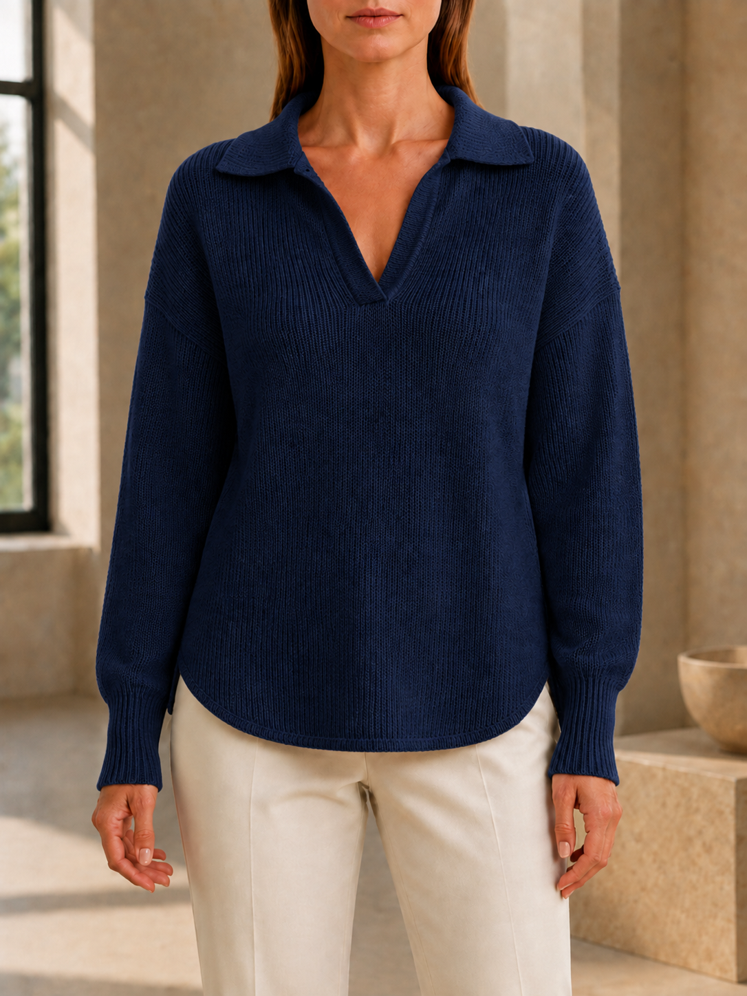 New Arrivals🔥Women’s Relaxed Polo Collar V-Neck Long Sleeve Knit Sweater