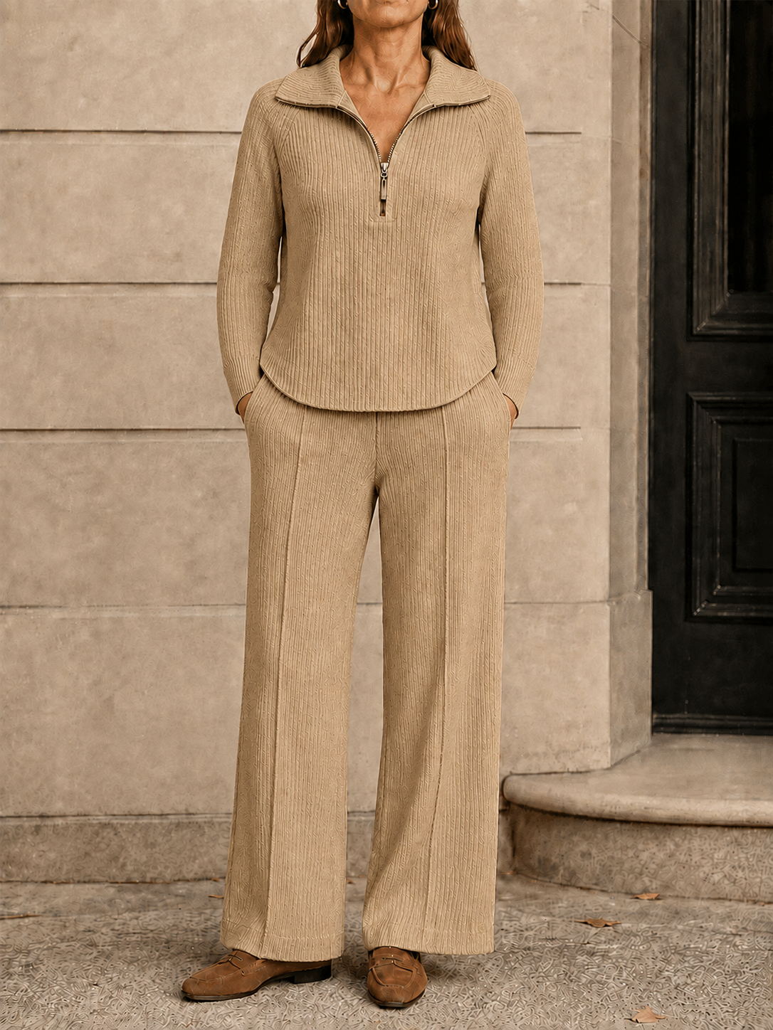 New Arrival 🔥Women’s Quarter-Zip Textured Knit Sweater and Straight-Leg Pants Two-Piece Set
