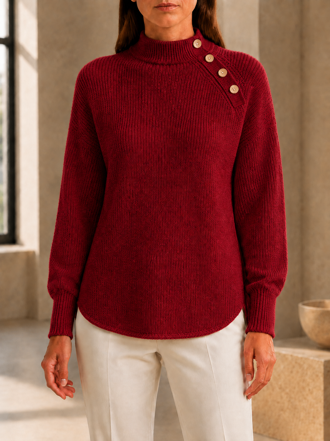CLEARANCE SALE🔥Women’s Mock Neck Button-Detail Relaxed Fit Knit Sweater