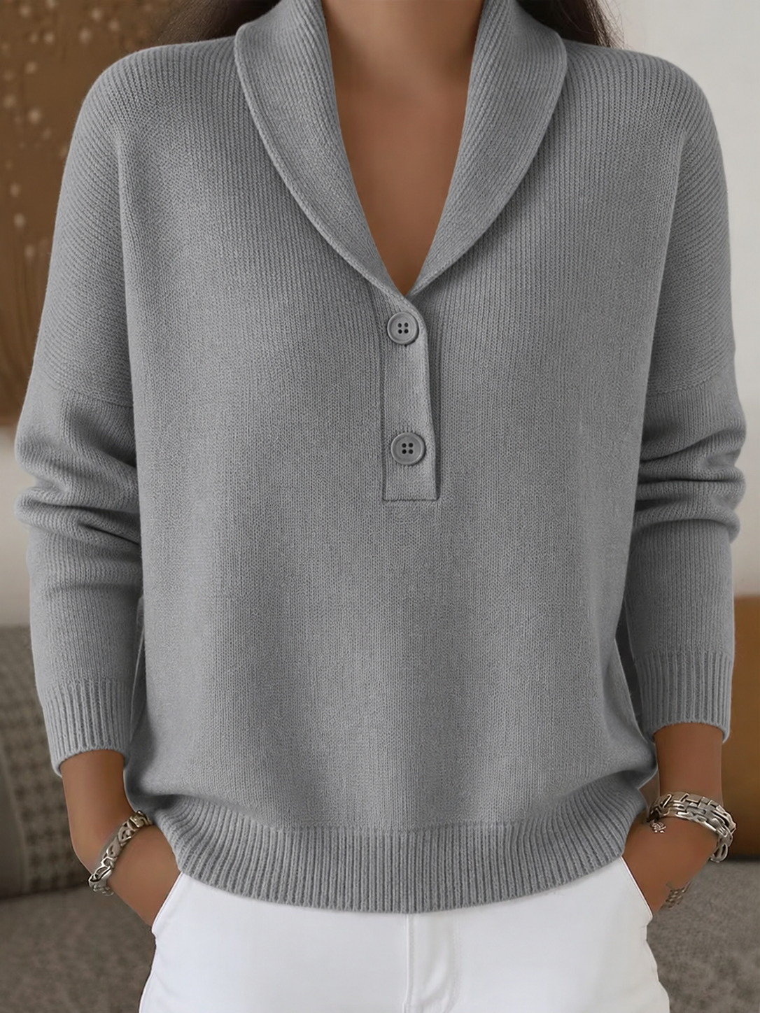 CLEARANCE SALE🔥Women’s Shawl Collar Button-Detail Relaxed Fit Knit Sweater
