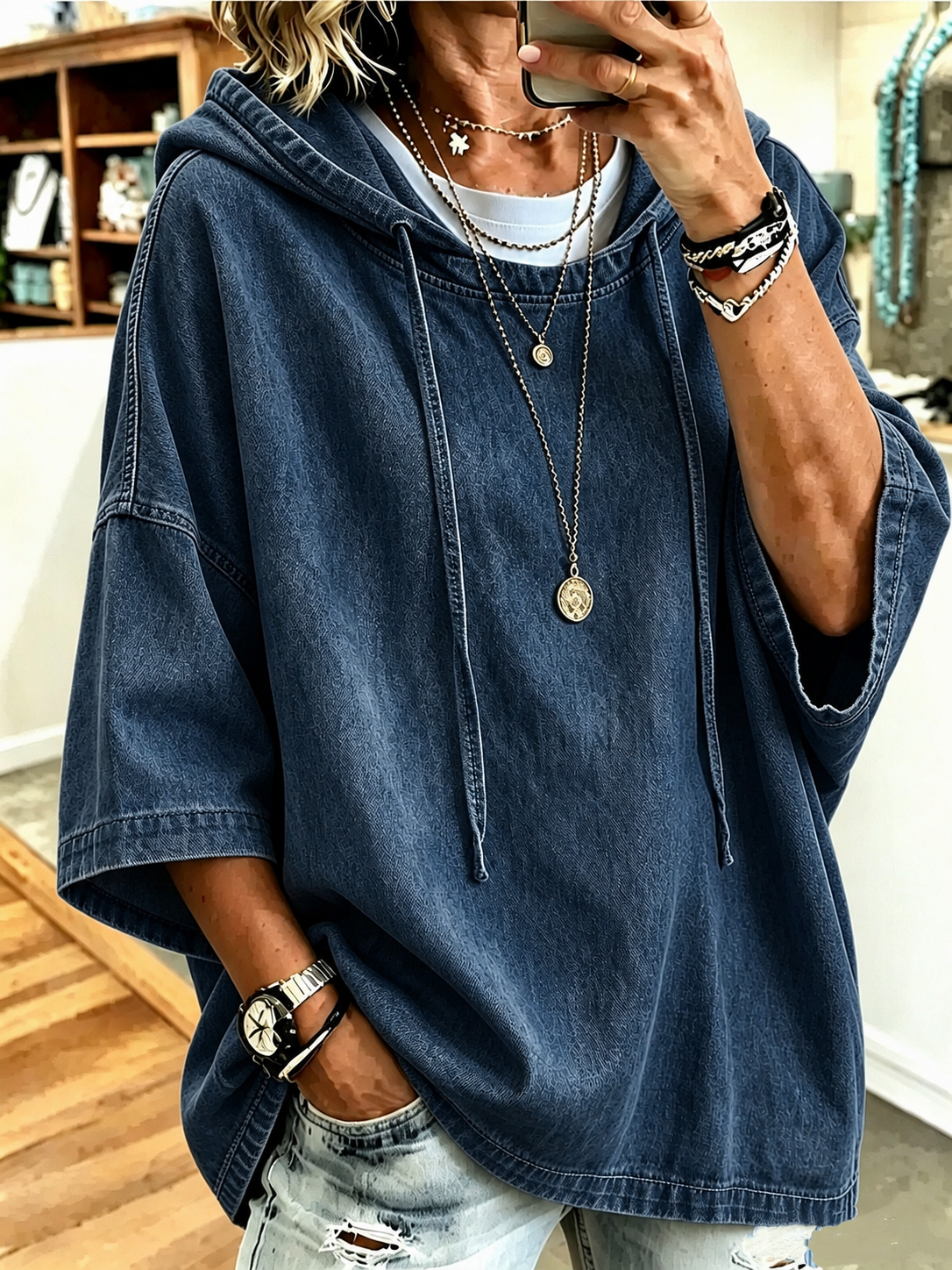 CLEARANCE SALE🔥Women’s Vintage Washed Denim Hooded Relaxed Fit Pullover Top