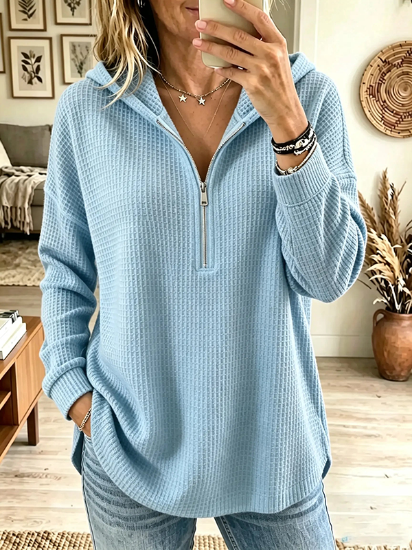 CLEARANCE SALE🔥Women's Half-Zip Waffle Knit Hooded Pullover