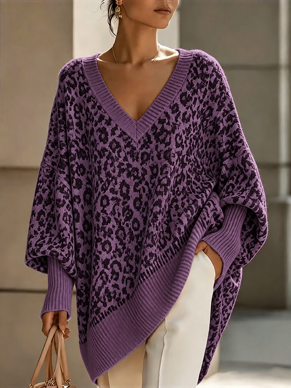 New Arrival🔥Women’s Leopard Print V Neck Oversized Knit Poncho Sweater