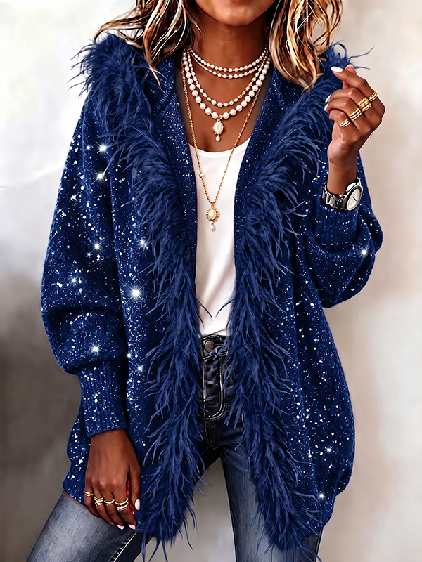 Women’s Sequin Feather-Trim Open-Front Party Cardigan Jacket