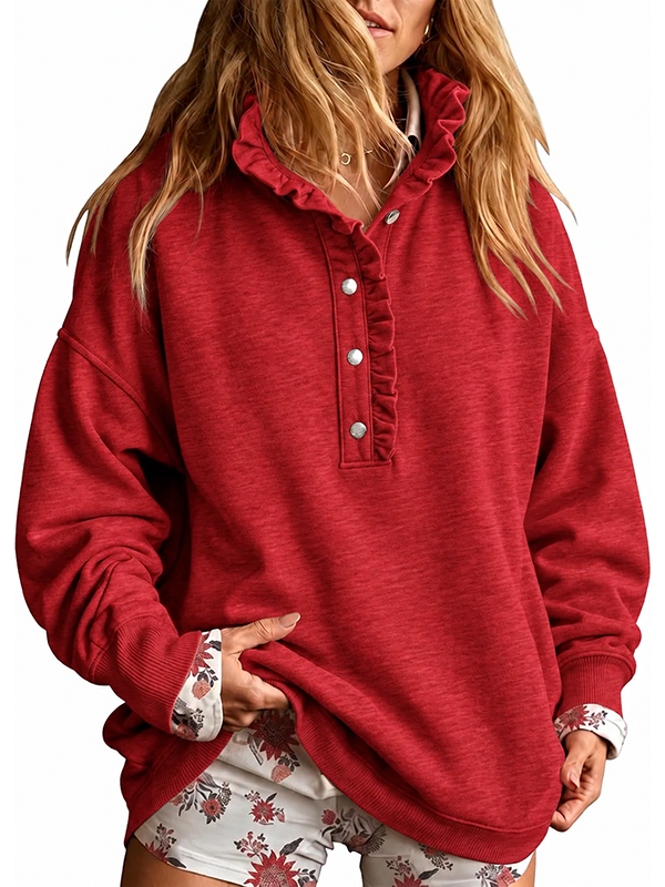 Women’s Ruffle Collar Henley Button Relaxed Fit Sweatshirt