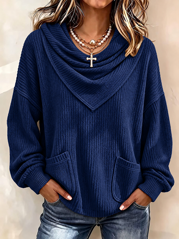 CLEARANCE SALE🔥Women’s Draped Cowl Neck Ribbed Knit Pullover Sweater with Pockets