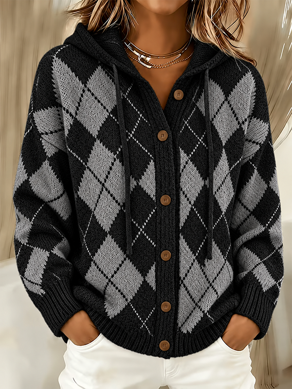CLEARANCE SALE🔥 Women’s Argyle Hooded Button Front Knit Cardigan Sweater