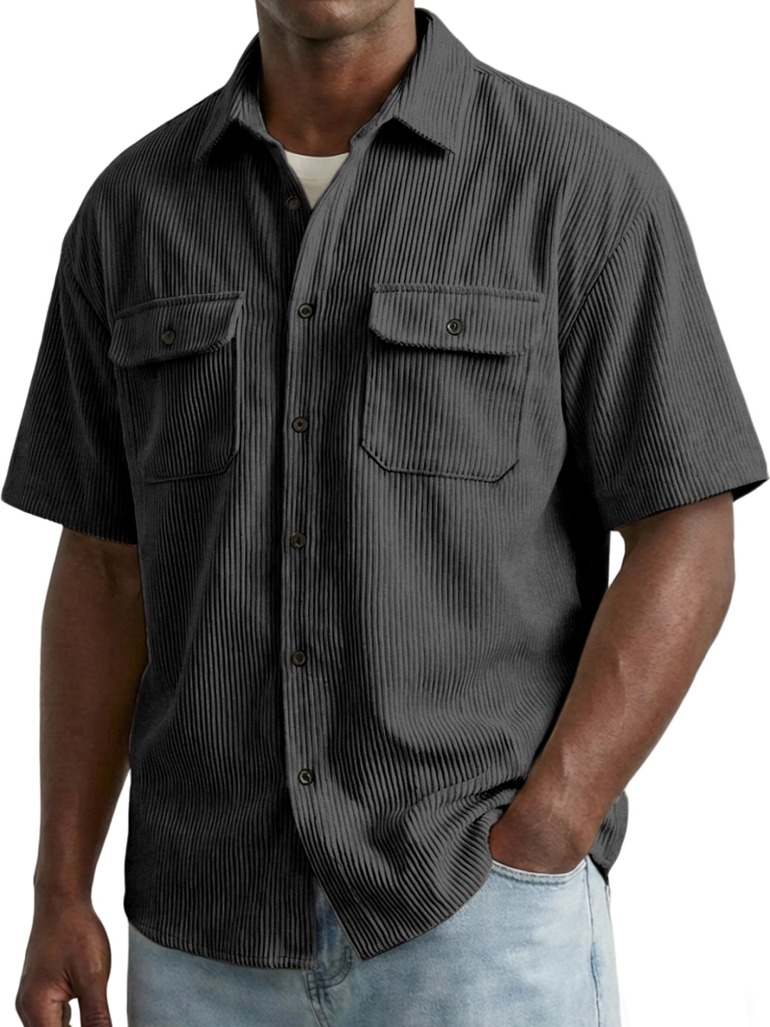 Men's Retro Solid Color Vertical Ribbed Double Pocket Short-Sleeve Shirt