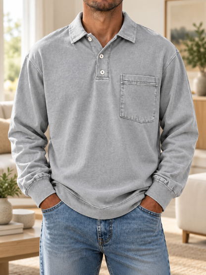 Men’s Vintage Washed Polo Collar Long Sleeve Pullover Shirt with Chest Pocket