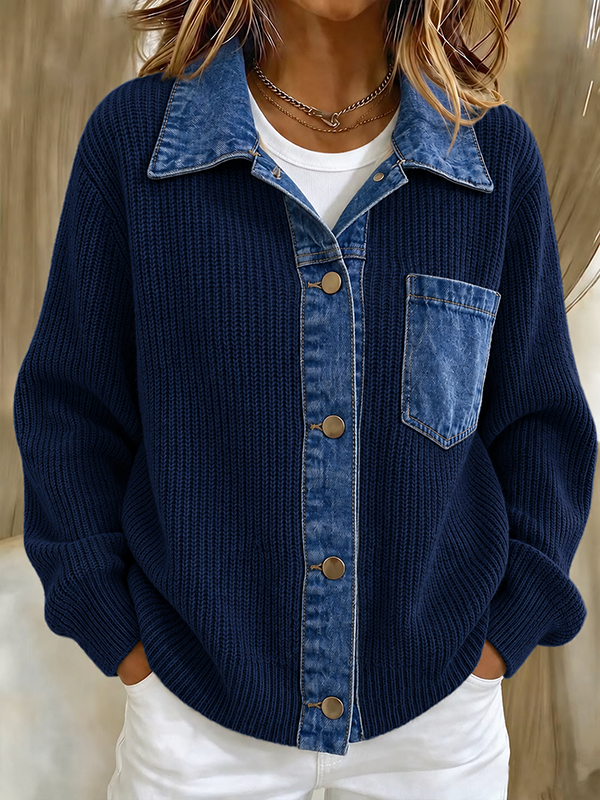 New Arrival 🔥Women’s Contrast Denim Collar Button Front Knit Cardigan with Chest Pocket
