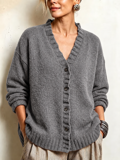 CLEARANCE SALE🔥Women’s Ruffle Trim V-Neck Button-Front Textured Knit Cardigan Sweater