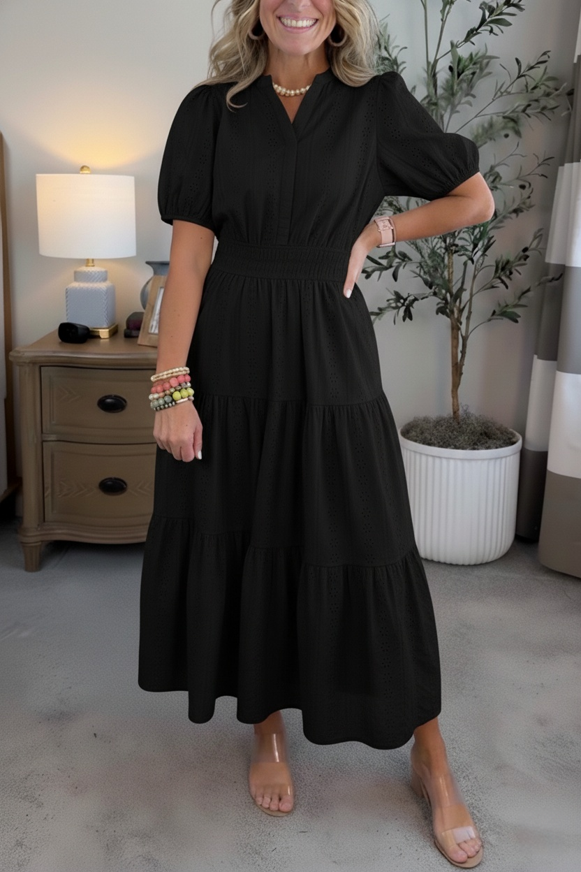 NEW🔥Women’s Puff Sleeve V-Neck Smocked Maxi Dress