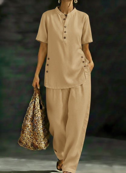 New Arrivals🔥 Women's Cozy Casual Button Shirt And Wide-leg Pants Linen Two-piece Set