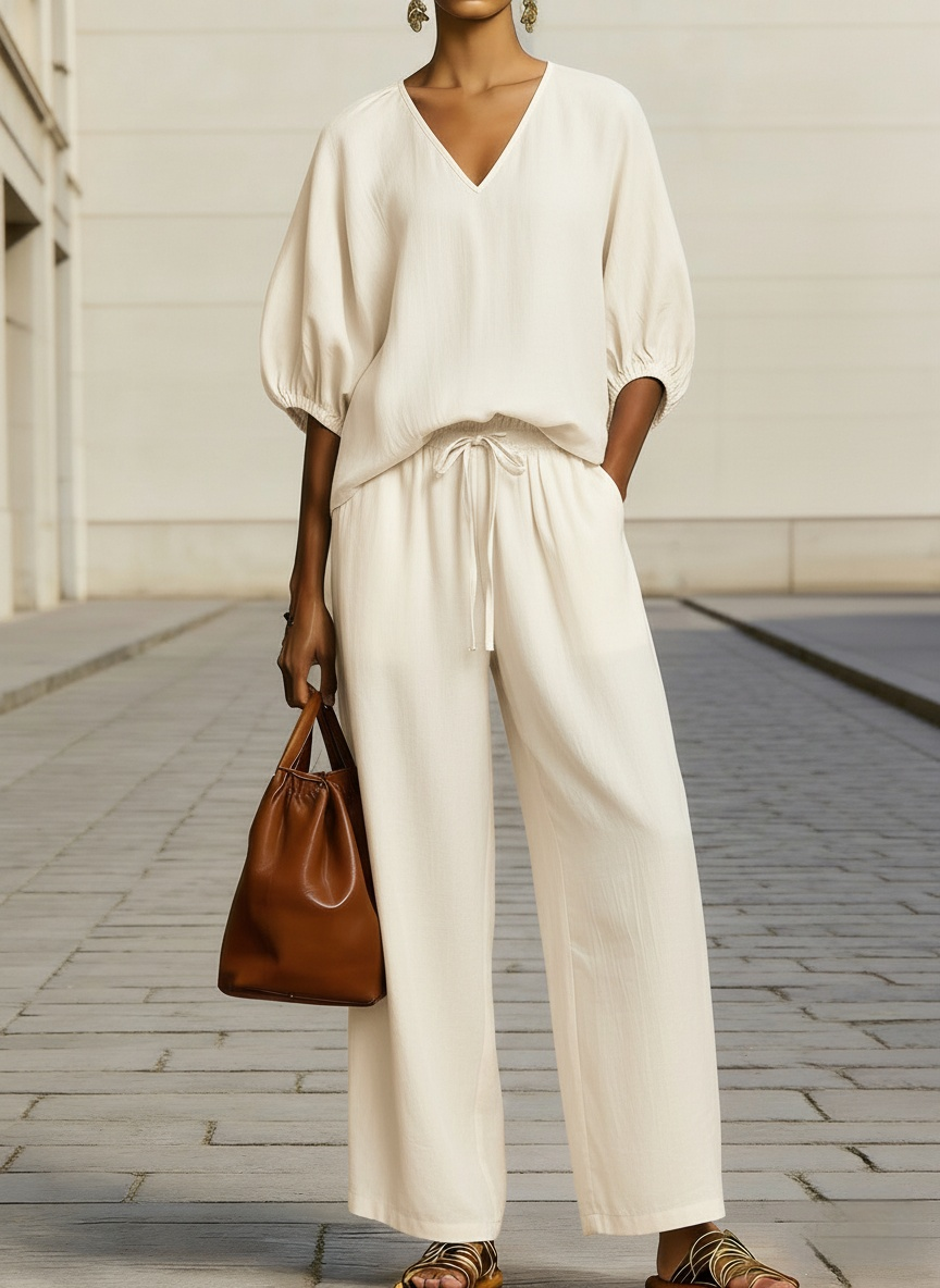 Women's Minimalist Casual Cotton-linen V-neck Set