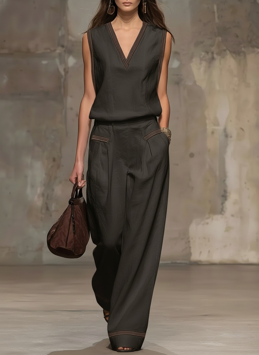 Casual Retro Brown-trimmed White Cotton Linen Sleeveless Top And Pants Set