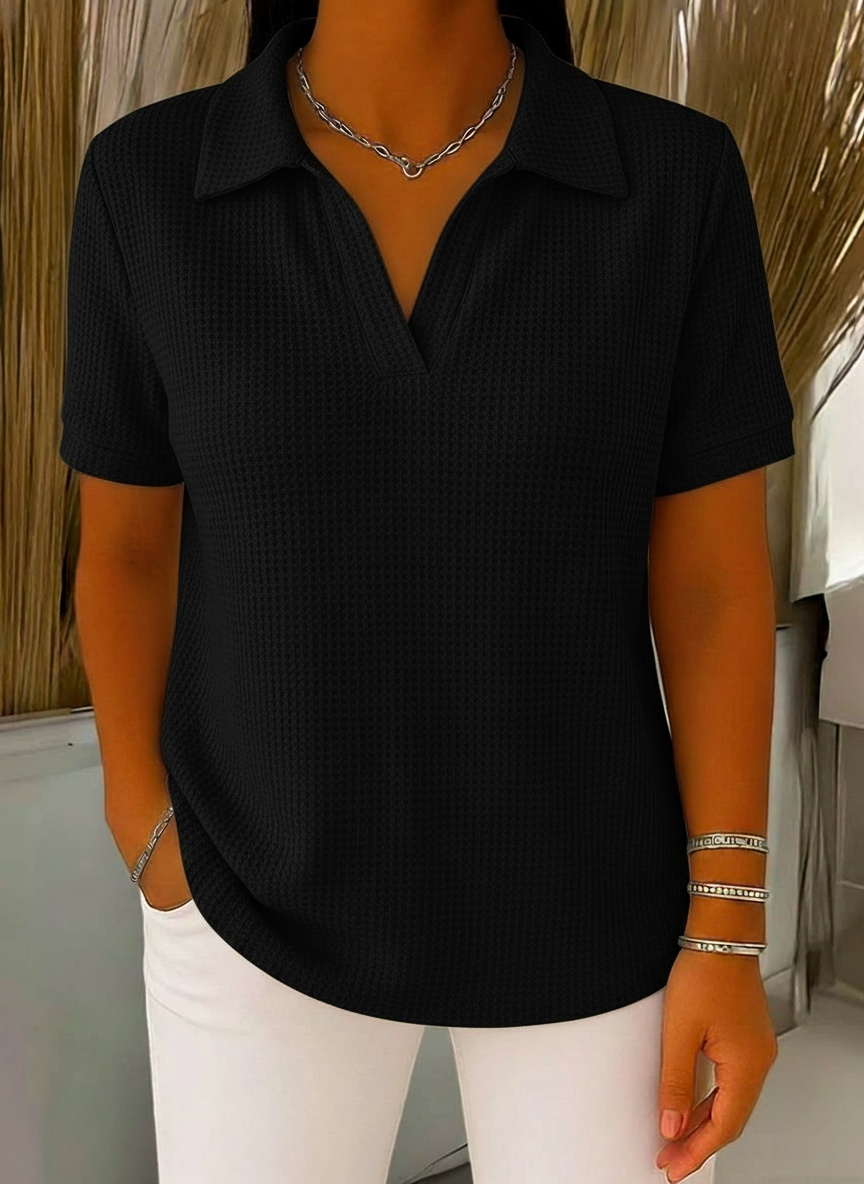 Women's Solid-color V-neck Short-sleeve Casual Waffle-knit Cotton Top