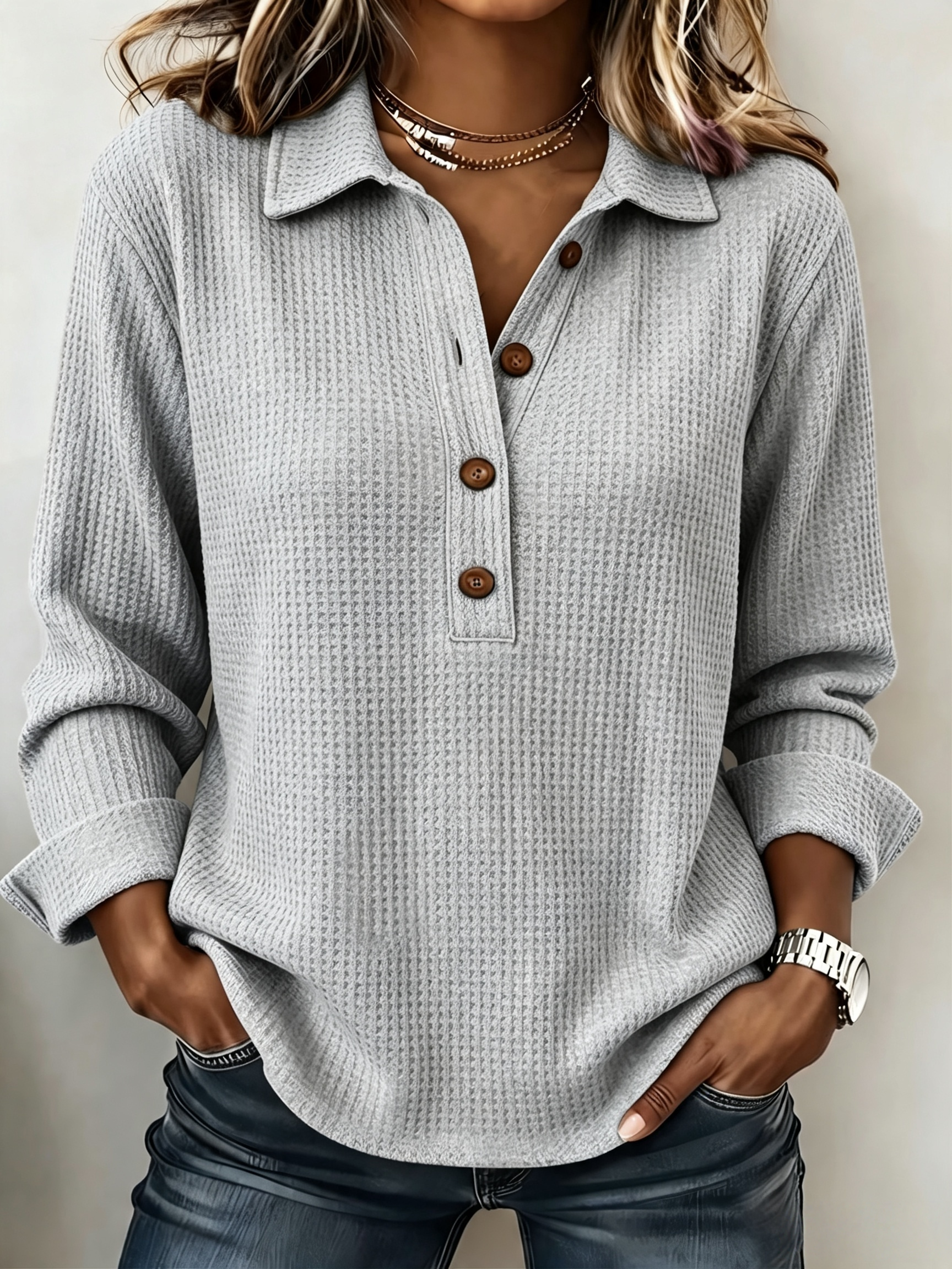 CLEARANCE SALE🔥Women's Cozy Casual Lapel Collar Waffle Knit Pullover