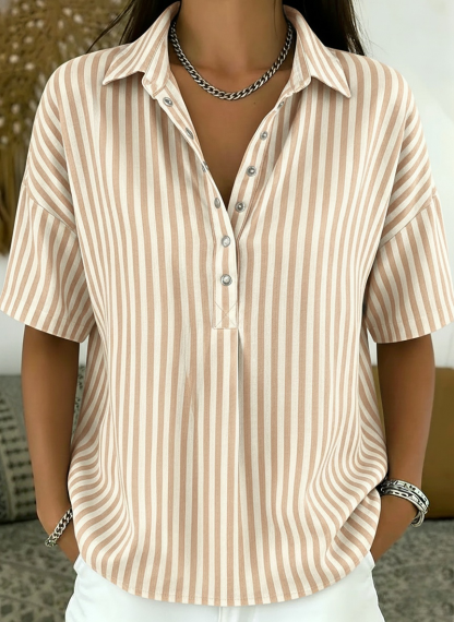 Casual Striped Polo Collar Snap Buttons Cotton-linen Shirt