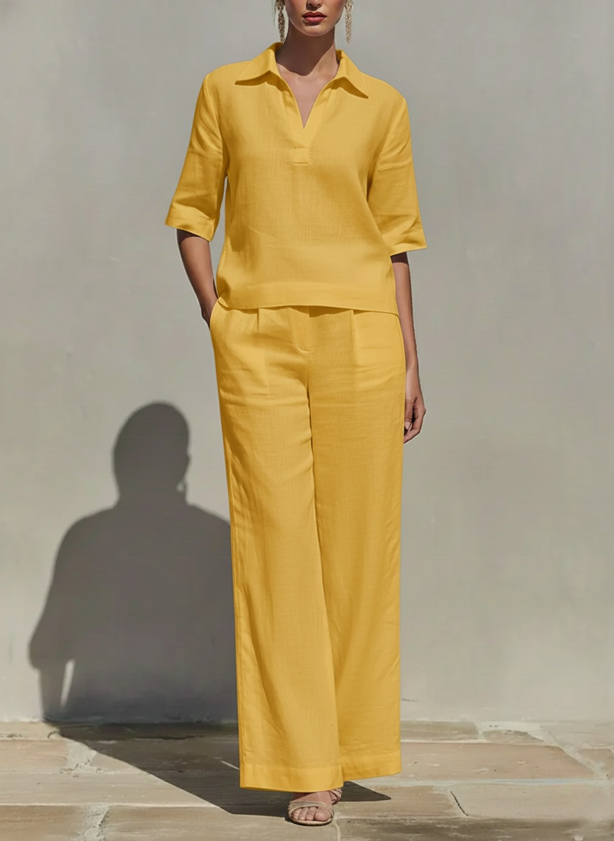 Women's Solid-color Cotton & Linen Set: V-neck Short-sleeve Loose-fit Top And High-waisted Wide-leg Pants