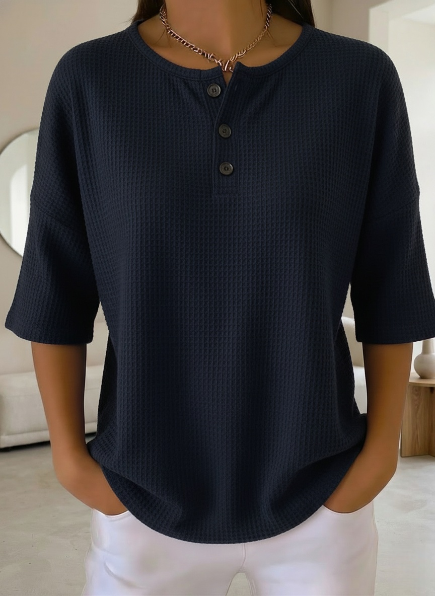 New Arrivals🔥Women's Casual Waffle Henry Collar 4/3 Sleeves T-shirt