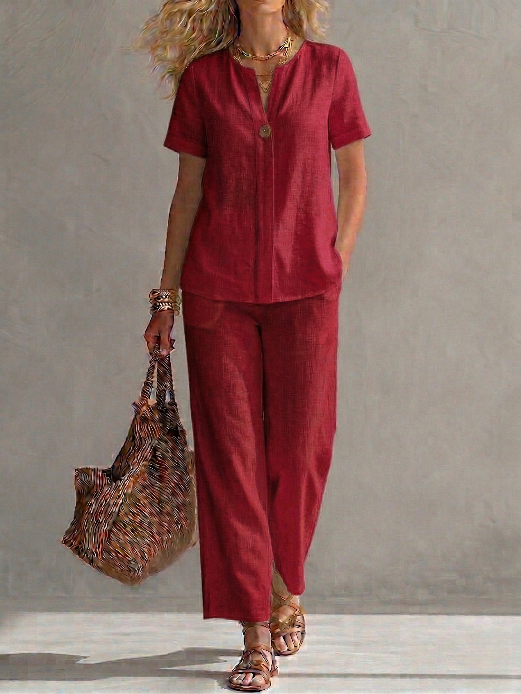 New Arrivals🔥Women's Cotton-Linen Short-Sleeve V-Neck Top and Trousers Set