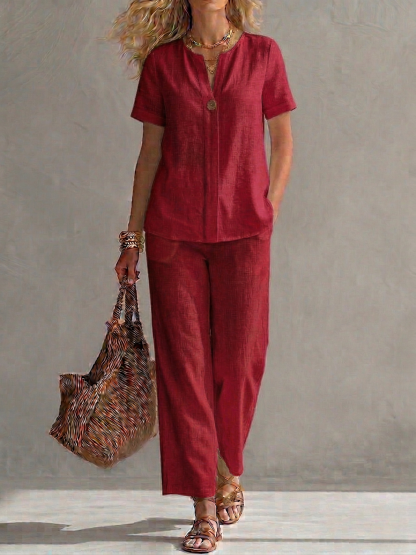 New Arrivals🔥Women's Cotton-Linen Short-Sleeve V-Neck Top and Trousers Set