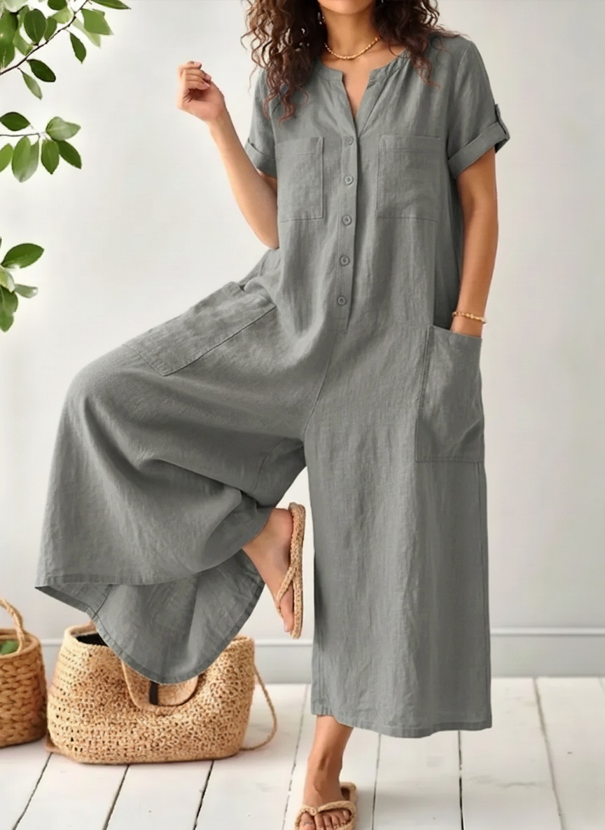 Casual Short-sleeve Linen-cotton Wide-leg Jumpsuit