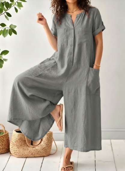 Casual Short-sleeve Linen-cotton Wide-leg Jumpsuit