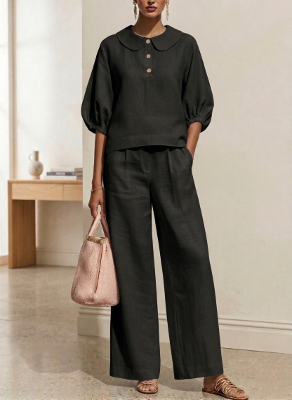 New Arrivals🔥Women's Elegant Cotton Linen Peter Pan Collar Two-Piece Set