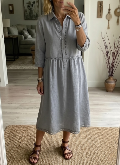 Casual Patchwork Openwork Ribbon Linen And Cotton Dress