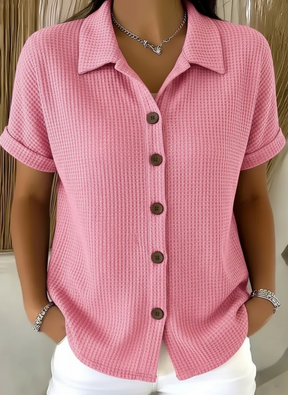 Casual Polo-collar Button-up Waffle Shirt