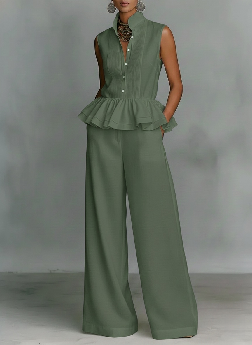 New Arrivals🔥 Women's Office Style Stand Collar Ruffle Sleeveless Top & Wide-leg Pants Set