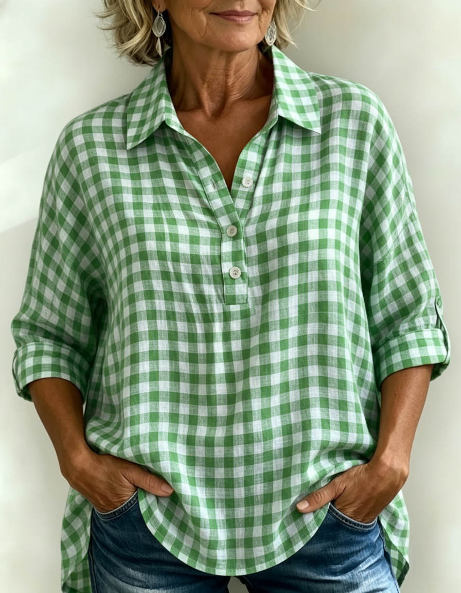 New Arrivals🔥Women's Gingham Henley Linen Look Shirt