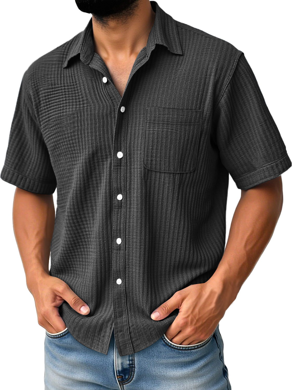 Men's Daily Casual Pleated Pocket Comfortable Solid Color Short Sleeve Shirt