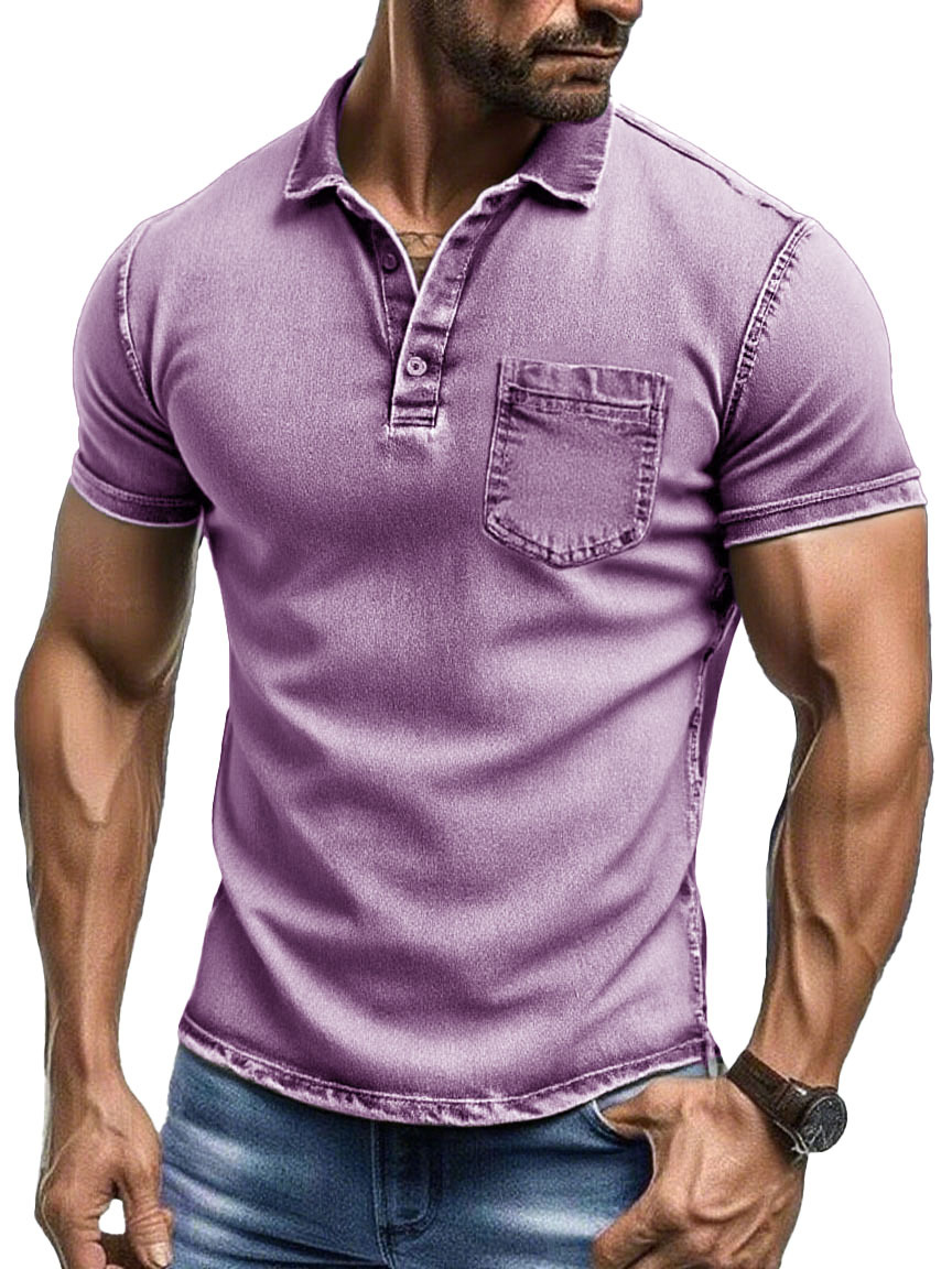 Men's Fashion Retro Pure Cotton Distressed Fabric Pocket Lapel Polo Shirt 