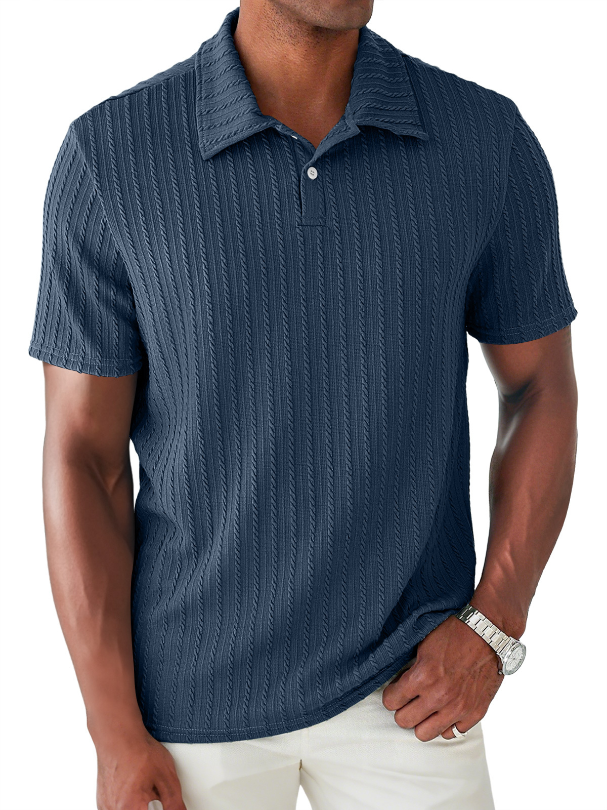 Men's Daily Jacquard Texture Lapel Button Casual Short Sleeve POLO Shirt