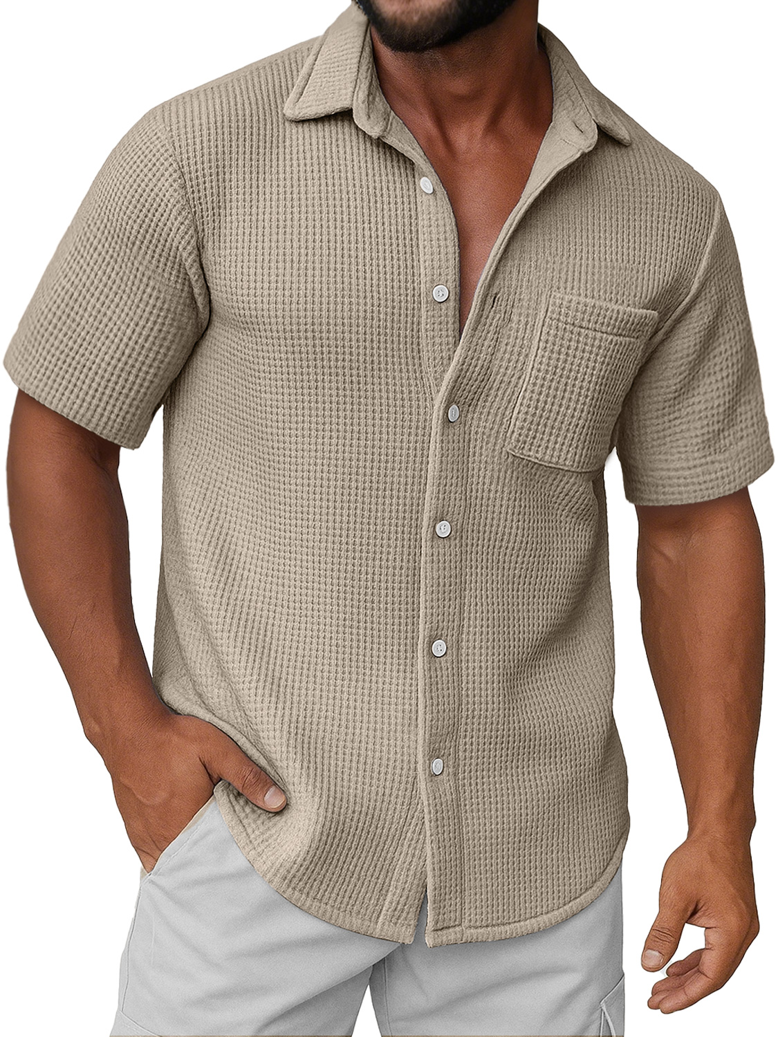 Men's Daily Waffle Texture Casual Pocket Comfort Short Sleeve Shirt
