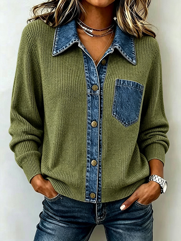 CLEARANCE SALE🔥Women's Denim Patchwork Knit Cardigan