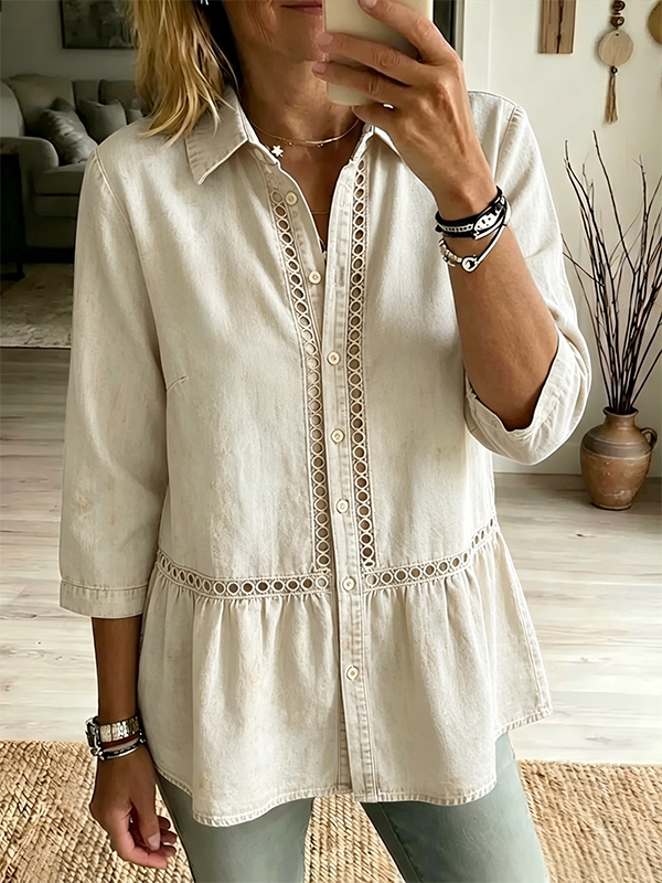 CLEARANCE SALE🔥Women's Casual Denim Shirt With Spliced cut-out Lace Detailing