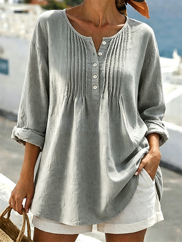 New Arrivals🔥Women's Solid Color Round Neck Long-sleeved Casual Loose Pleated Cotton And Linen Top