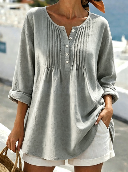 New Arrivals🔥Women's Solid Color Round Neck Long-sleeved Casual Loose Pleated Cotton And Linen Top