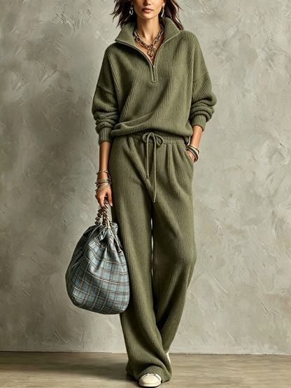 CLEARANCE SALE🔥Women’s Corduroy Stand Collar Casual Set Zip-Up Jacket & Wide Leg Pants Two-Piece Outfit