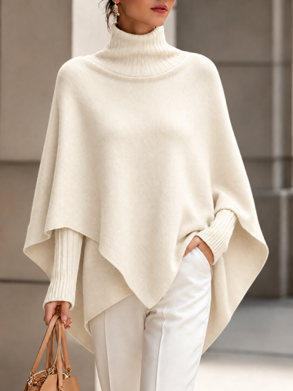 CLEARANCE SALE🔥Women's Solid-Color High-Neck Long-Sleeve Loose-Fit Cape-Style Knit Top