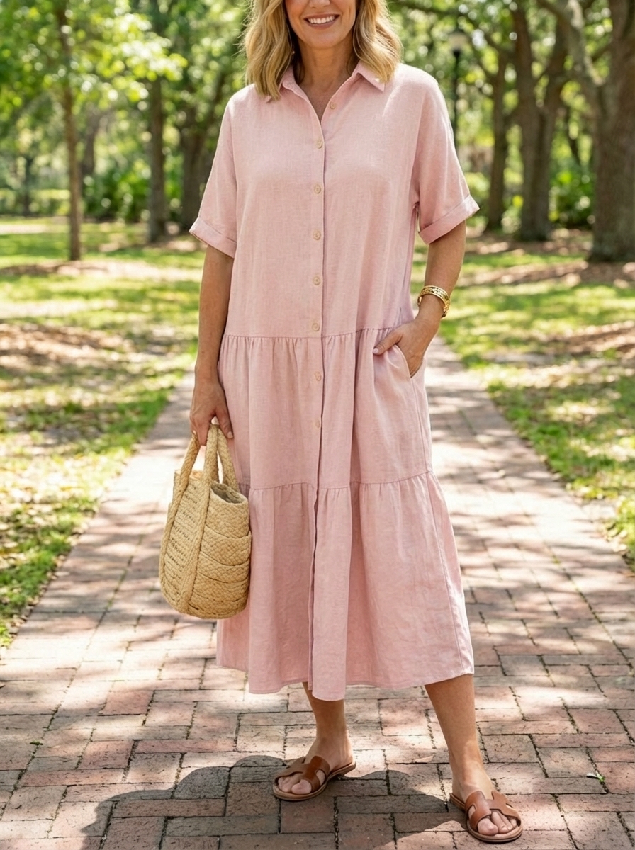 New Arrivals 🔥 Women's Comfortable Lapel Button Loose Linen and Cotton Dress