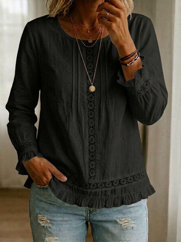 Casual Patchwork Lace Trim Top