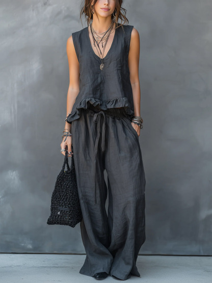Women's V-neck Sleeveless Casual Loose Cotton Top With Elastic Waist And Wide-leg Pants Cotton Linen Set