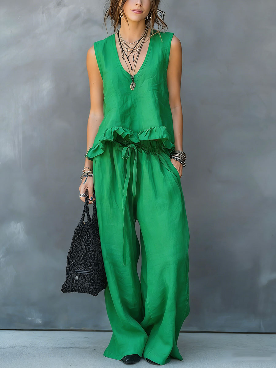 Women's V-neck Sleeveless Casual Loose Cotton Top With Elastic Waist And Wide-leg Pants Cotton Linen Set