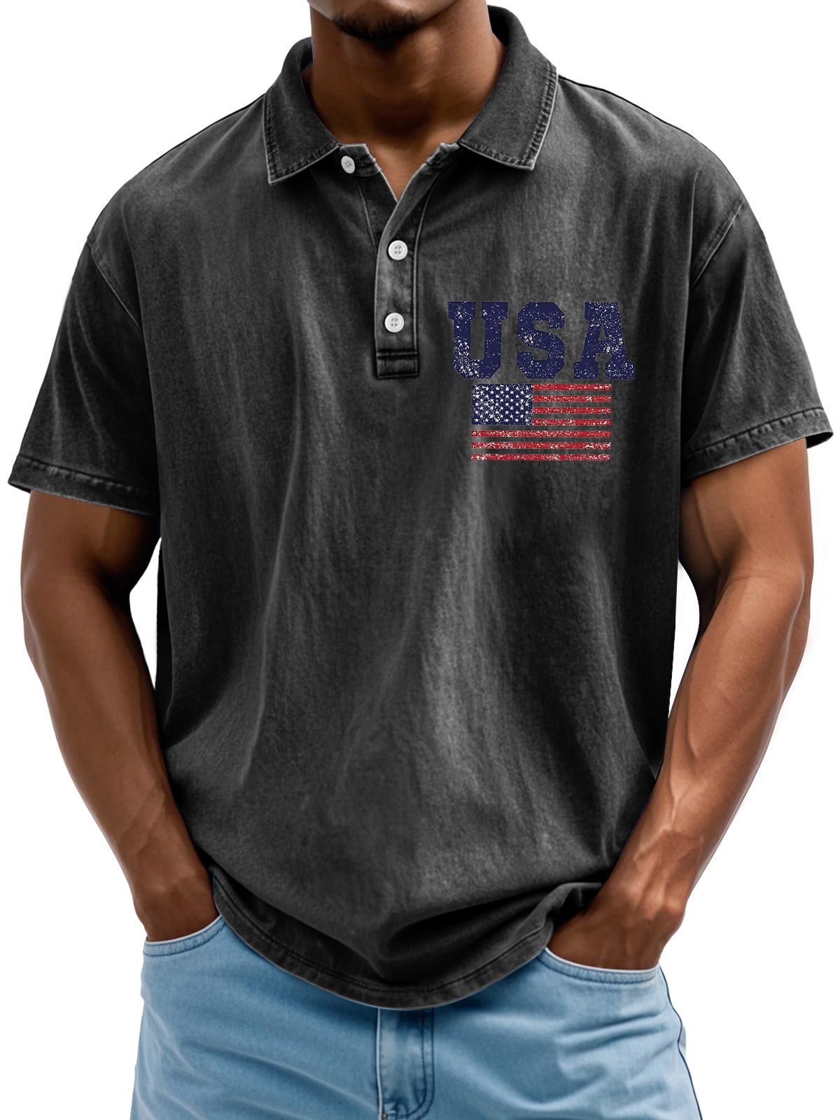 Men's Vintage American Independence Day Flag Print Lapel Short Sleeve Polo Shirt