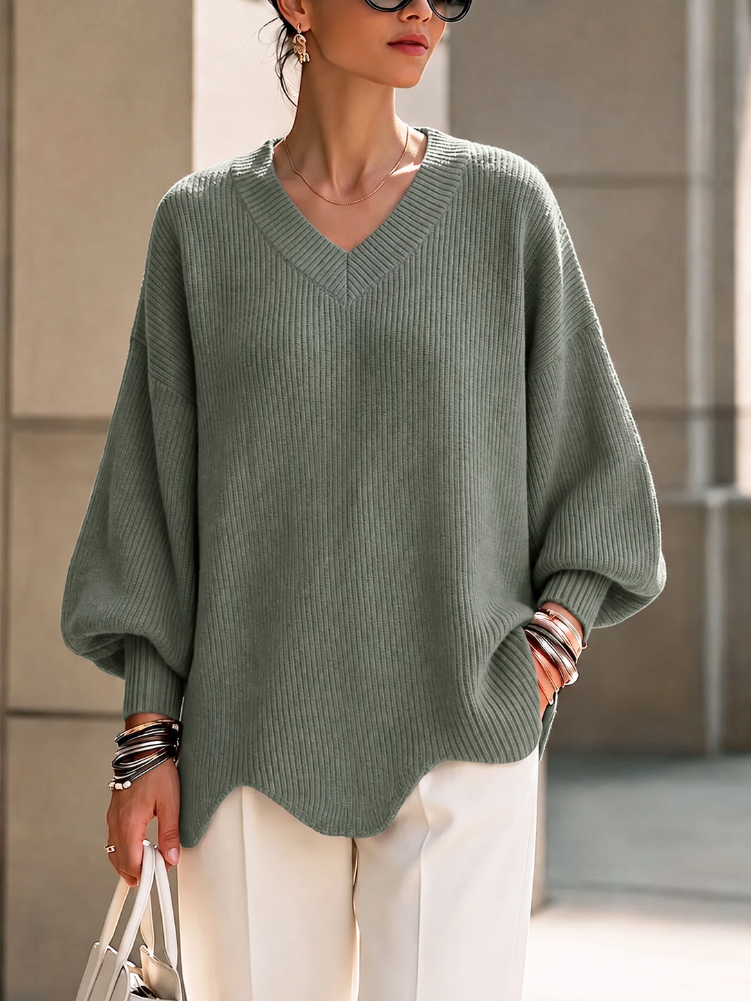 CLEARANCE SALE🔥Women's Solid Color V-neck Long-sleeved Casual Loose Pullover Knit Sweater