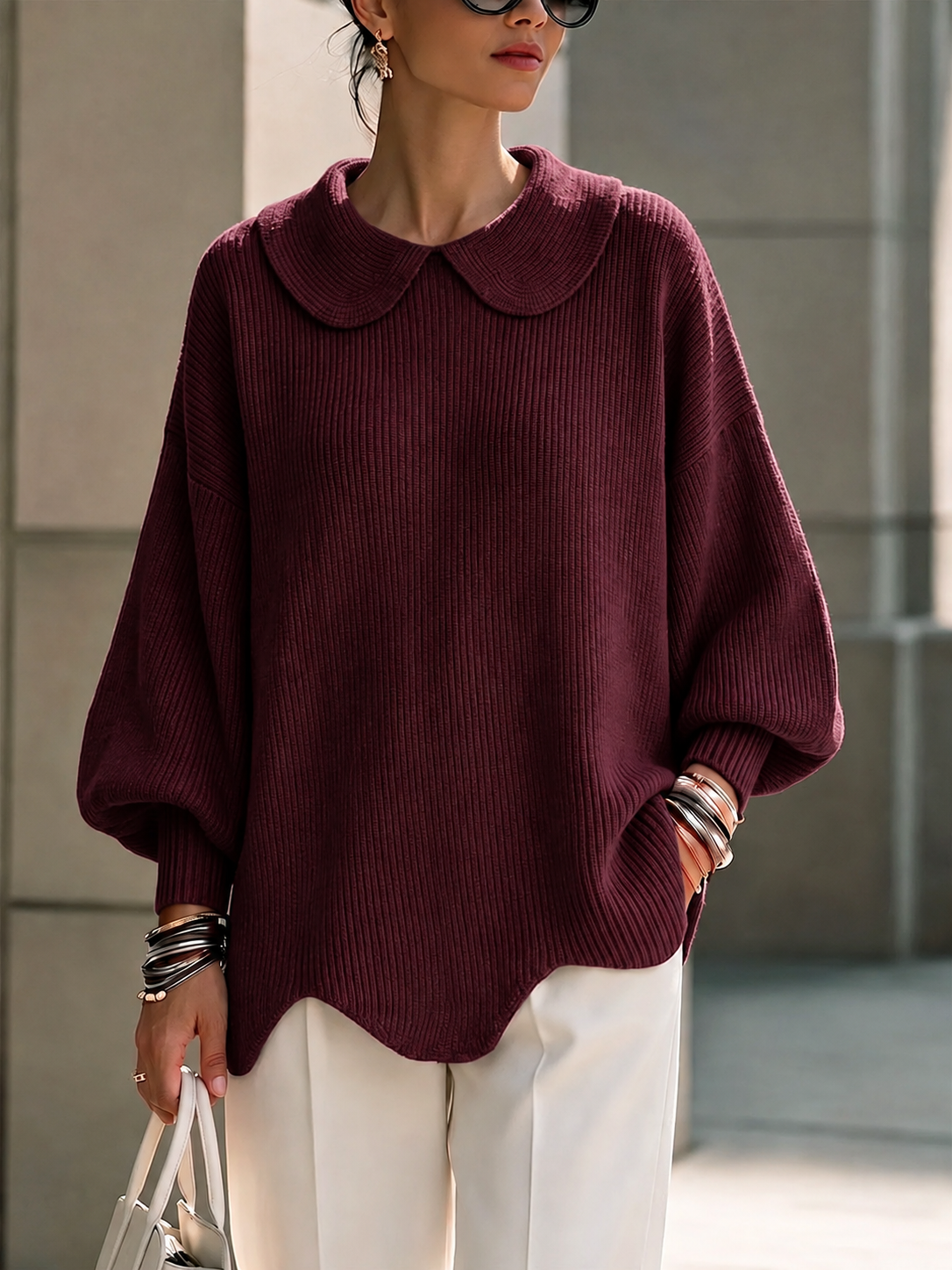 CLEARANCE SALE🔥Women's Solid Color Peter Pan Collar Long Sleeve Casual Loose Pullover Knit Sweater